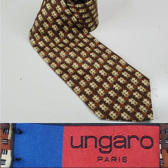 SILK UNGARO PARIS Men's brown tan pattern necktie neck tie - Picture 1 of 7